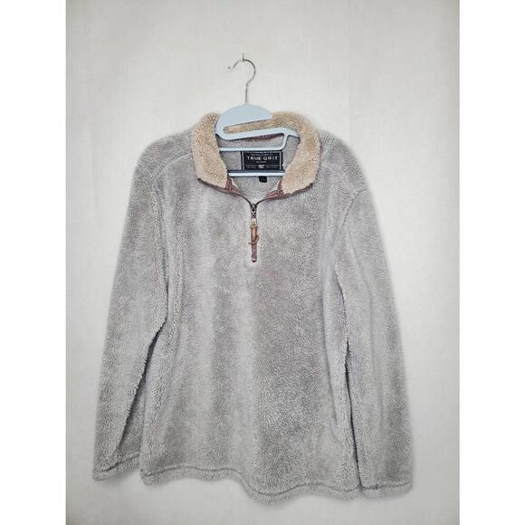 True Grit Made in USA Men's Quarter Zip Teddy Sherpa Pullover Light Grey Outdoor - Picture 1 of 11